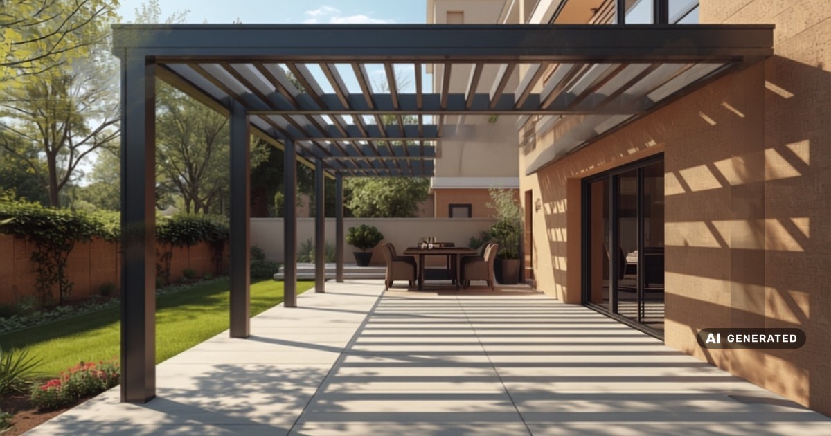 Pergola aluminiowa przy tarasie domu, widok z ogrodu